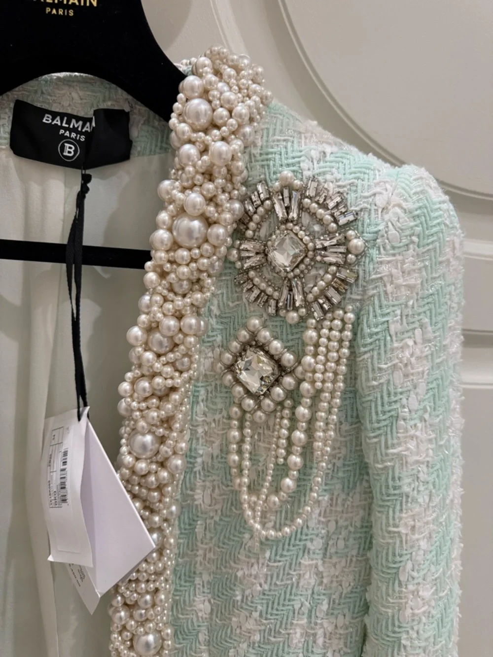 Balmain Mint Green Pearl-Trim Tweed Blazer - Picture 2 of 7